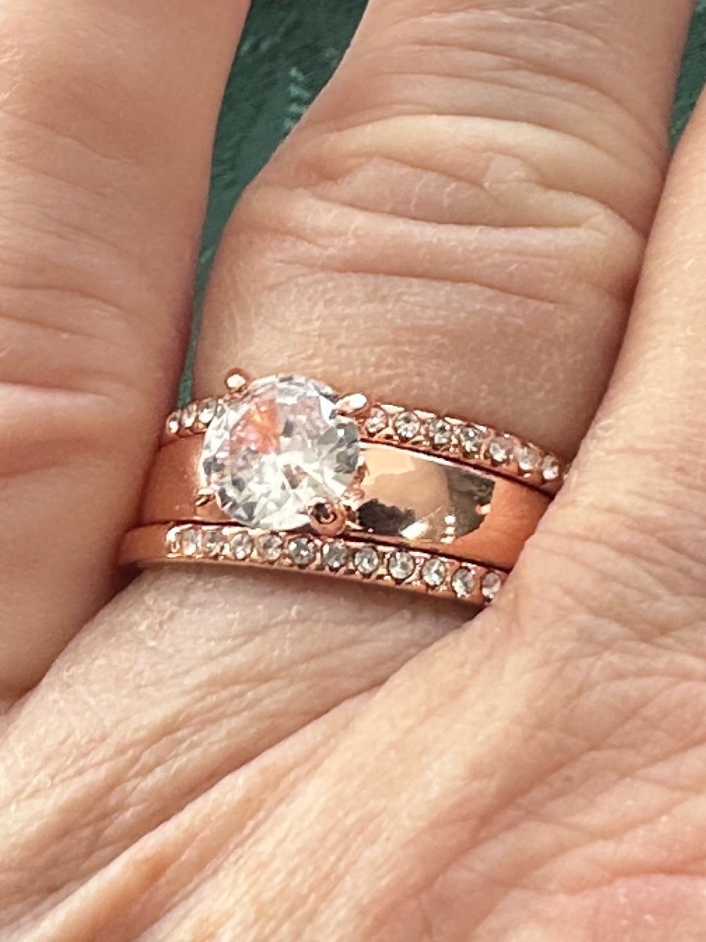 Rose Gold and 1k Crystal 3 piece Ring Set size  10